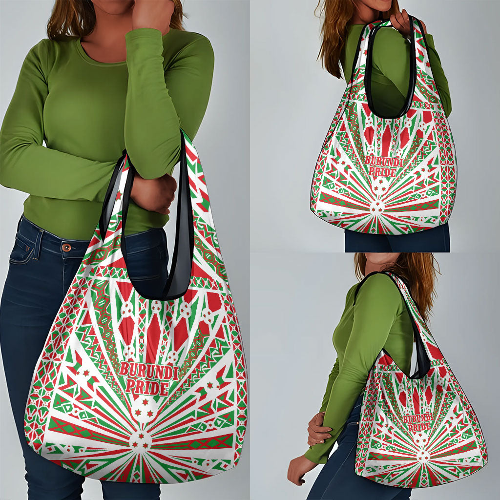 Burundi Pride Beat Of 1962 Independence Day Grocery Bag Traditional Karyenda Drummer Art With Flag Sunburst Design
