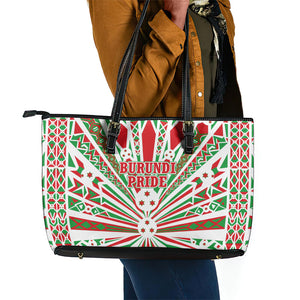 Burundi Pride Beat Of 1962 Independence Day Leather Tote Bag Traditional Karyenda Drummer Art With Flag Sunburst Design