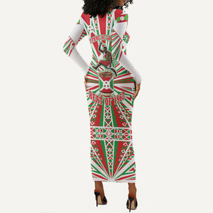 Burundi Pride Beat Of 1962 Independence Day Long Sleeve Bodycon Dress Traditional Karyenda Drummer Art With Flag Sunburst Design