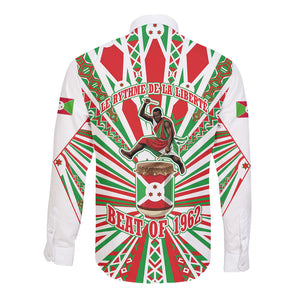 Burundi Pride Beat Of 1962 Independence Day Long Sleeve Button Shirt Traditional Karyenda Drummer Art With Flag Sunburst Design