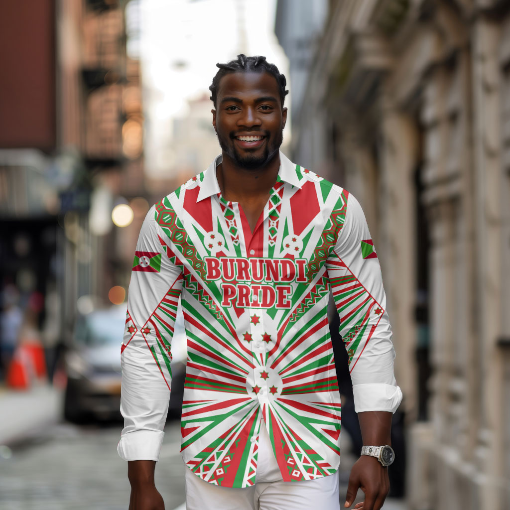 Burundi Pride Beat Of 1962 Independence Day Long Sleeve Button Shirt Traditional Karyenda Drummer Art With Flag Sunburst Design