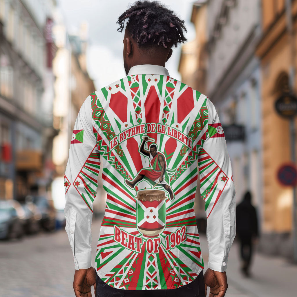 Burundi Pride Beat Of 1962 Independence Day Long Sleeve Button Shirt Traditional Karyenda Drummer Art With Flag Sunburst Design