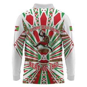 Burundi Pride Beat Of 1962 Independence Day Long Sleeve Polo Shirt Traditional Karyenda Drummer Art With Flag Sunburst Design