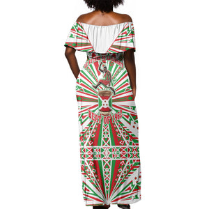 Burundi Pride Beat Of 1962 Independence Day Off Shoulder Maxi Dress Traditional Karyenda Drummer Art With Flag Sunburst Design