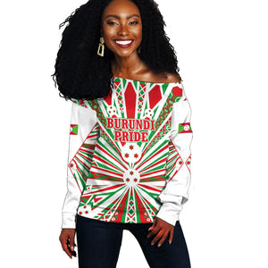Burundi Pride Beat Of 1962 Independence Day Off Shoulder Sweater Traditional Karyenda Drummer Art With Flag Sunburst Design