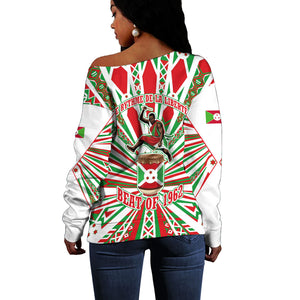 Burundi Pride Beat Of 1962 Independence Day Off Shoulder Sweater Traditional Karyenda Drummer Art With Flag Sunburst Design