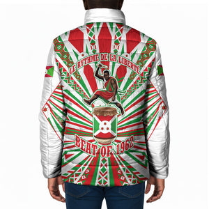Burundi Pride Beat Of 1962 Independence Day Padded Jacket Traditional Karyenda Drummer Art With Flag Sunburst Design