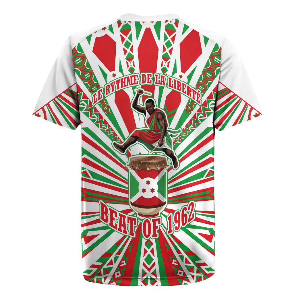 Burundi Pride Beat Of 1962 Independence Day Rugby Jersey Traditional Karyenda Drummer Art With Flag Sunburst Design