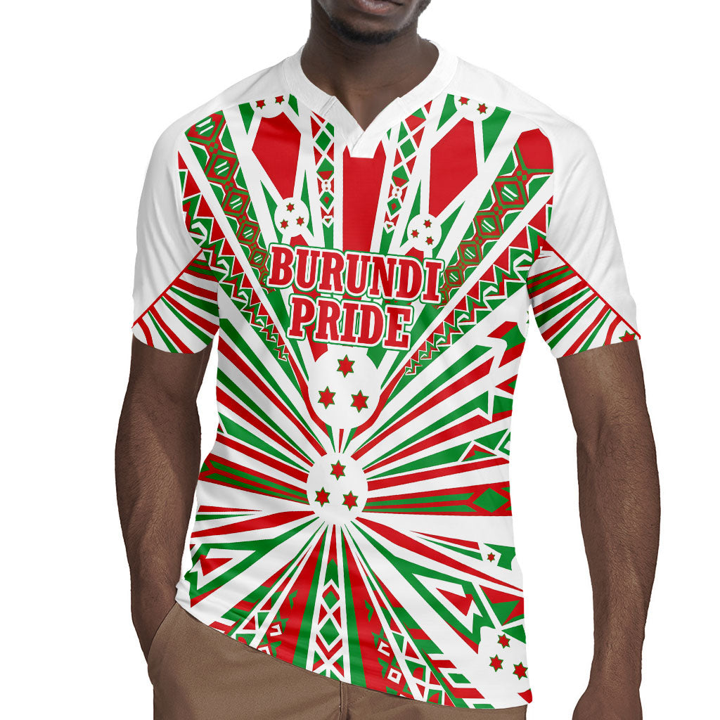 Burundi Pride Beat Of 1962 Independence Day Rugby Jersey Traditional Karyenda Drummer Art With Flag Sunburst Design