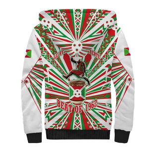 Burundi Pride Beat Of 1962 Independence Day Sherpa Hoodie Traditional Karyenda Drummer Art With Flag Sunburst Design