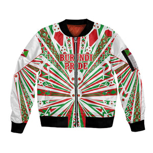 Burundi Pride Beat Of 1962 Independence Day Sleeve Zip Bomber Jacket Traditional Karyenda Drummer Art With Flag Sunburst Design
