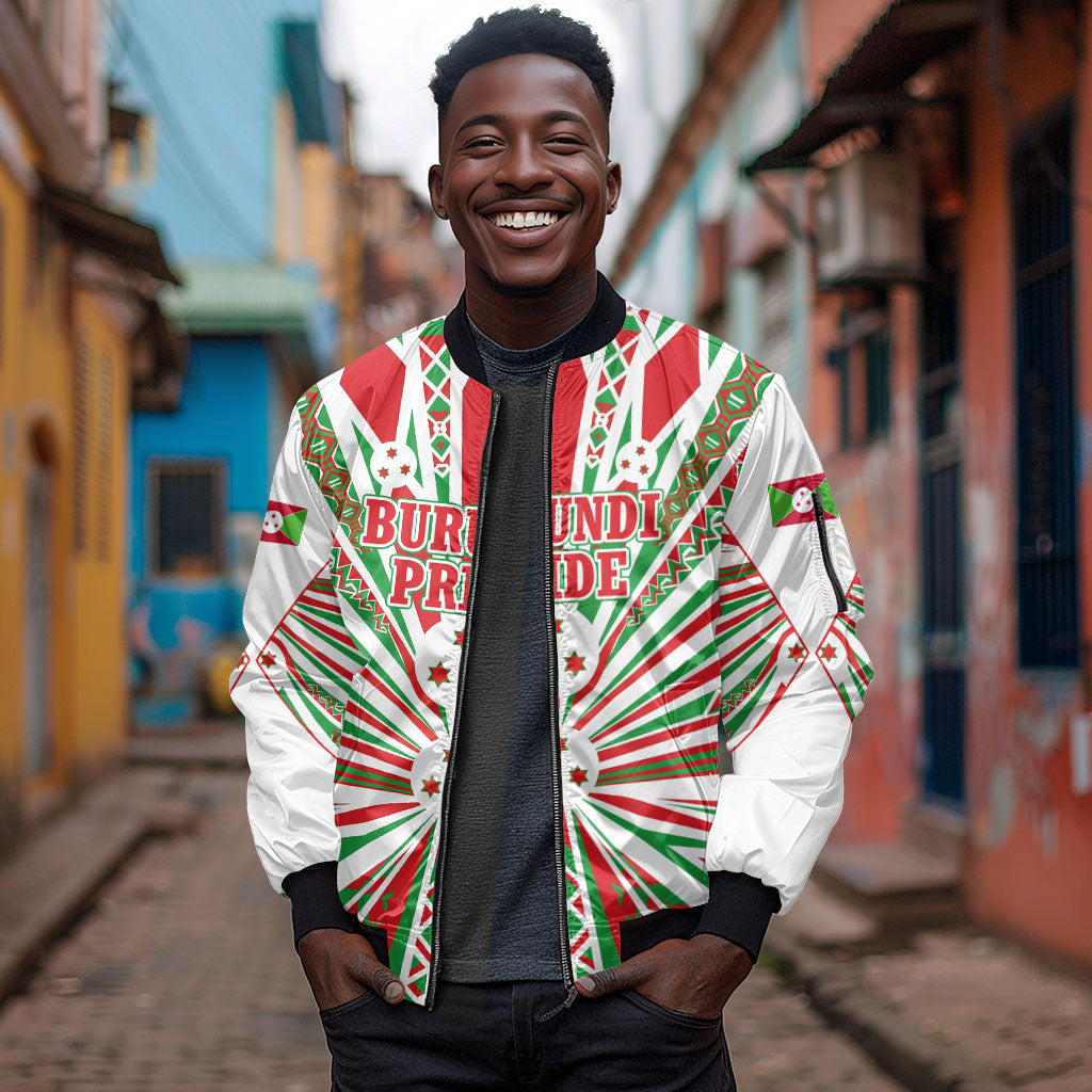 Burundi Pride Beat Of 1962 Independence Day Sleeve Zip Bomber Jacket Traditional Karyenda Drummer Art With Flag Sunburst Design