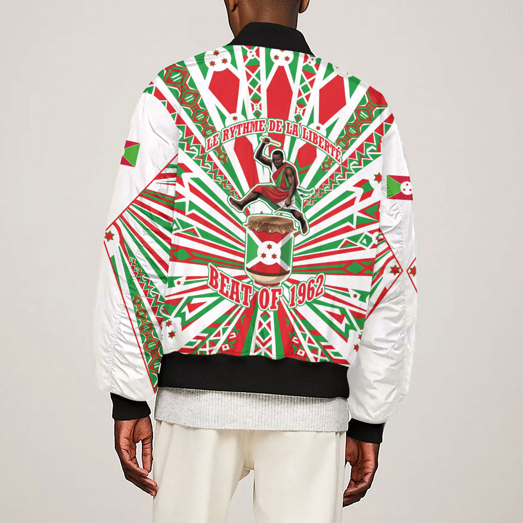 Burundi Pride Beat Of 1962 Independence Day Sleeve Zip Bomber Jacket Traditional Karyenda Drummer Art With Flag Sunburst Design