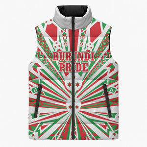 Burundi Pride Beat Of 1962 Independence Day Sleeveless Puffer Jacket Traditional Karyenda Drummer Art With Flag Sunburst Design
