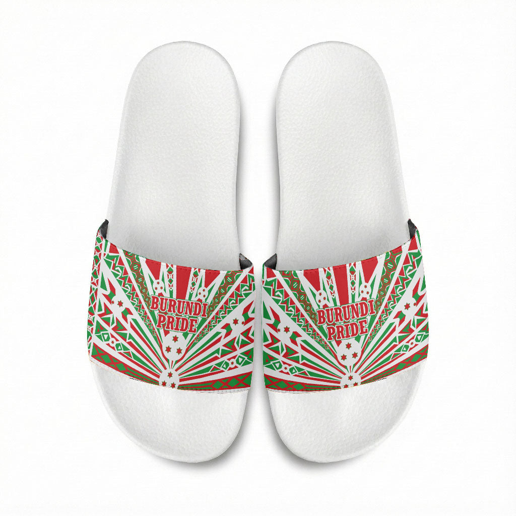 Burundi Pride Beat Of 1962 Independence Day Slide Sandals Traditional Karyenda Drummer Art With Flag Sunburst Design