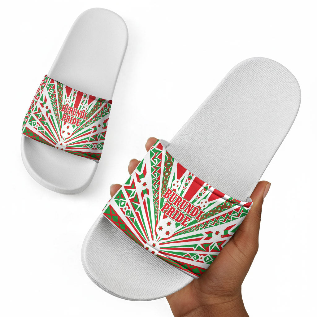 Burundi Pride Beat Of 1962 Independence Day Slide Sandals Traditional Karyenda Drummer Art With Flag Sunburst Design