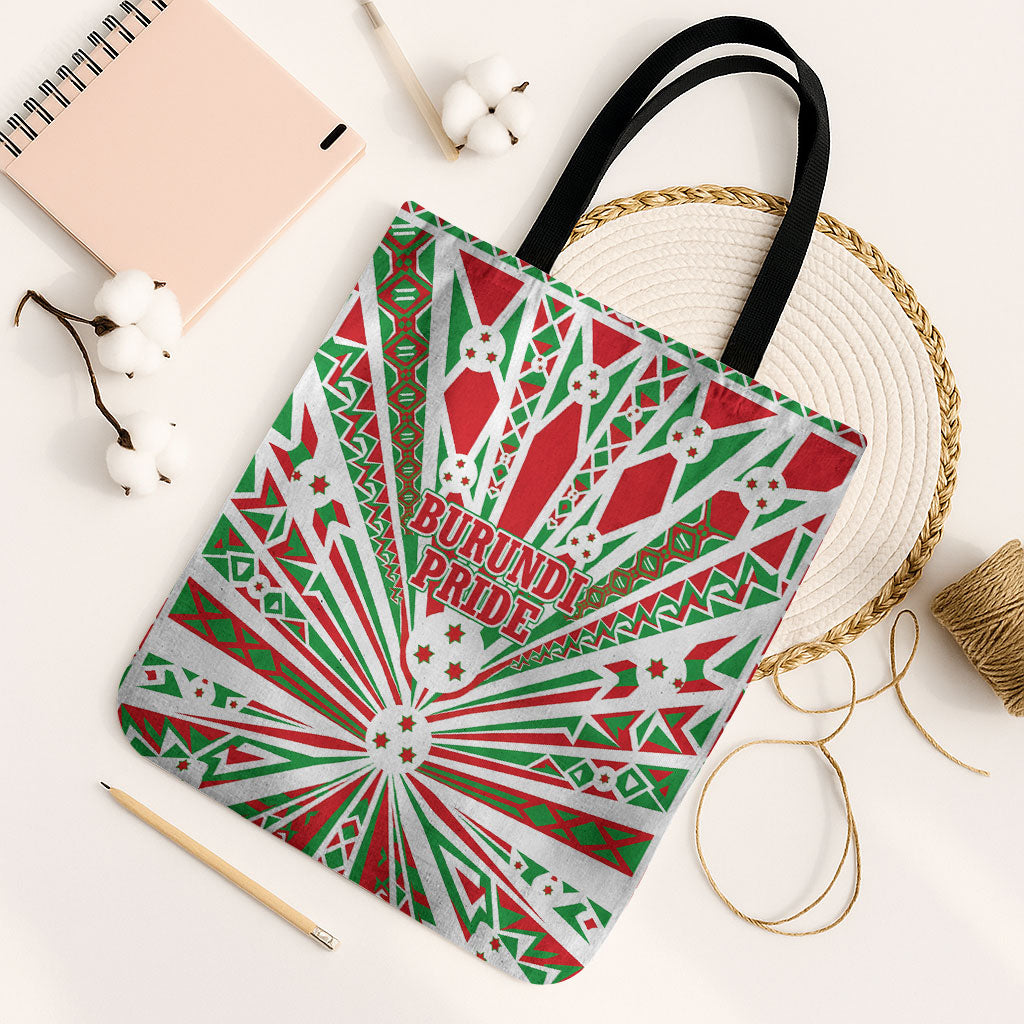 Burundi Pride Beat Of 1962 Independence Day Tote Bag Traditional Karyenda Drummer Art With Flag Sunburst Design