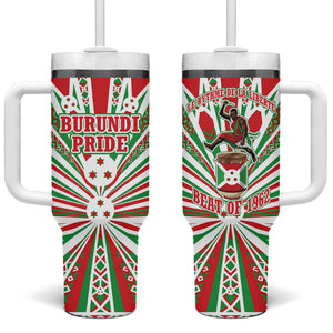 Burundi Pride Beat Of 1962 Independence Day Tumbler With Handle Traditional Karyenda Drummer Art With Flag Sunburst Design
