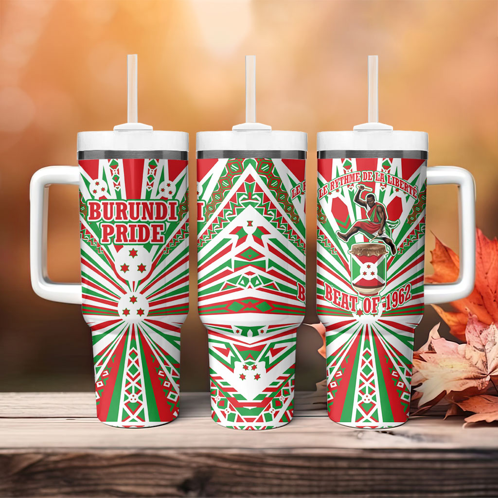 Burundi Pride Beat Of 1962 Independence Day Tumbler With Handle Traditional Karyenda Drummer Art With Flag Sunburst Design