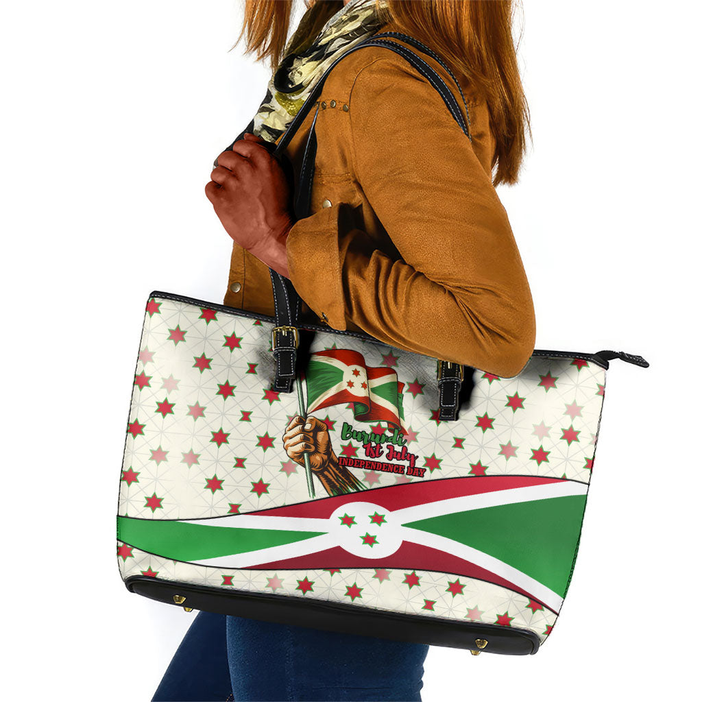 Burundi 1st July Independence Day Leather Tote Bag Patriotic Flag Portrait Art - Geometric Star Pattern