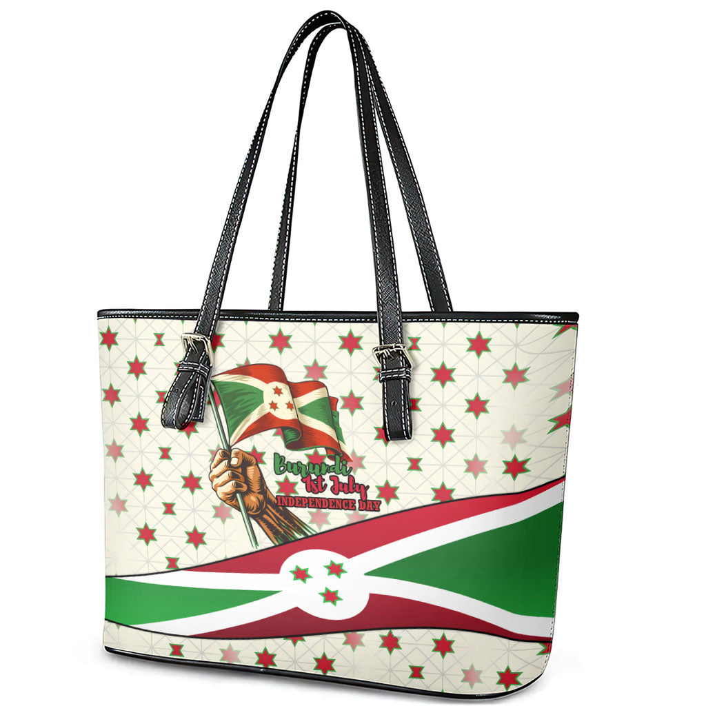Burundi 1st July Independence Day Leather Tote Bag Patriotic Flag Portrait Art - Geometric Star Pattern