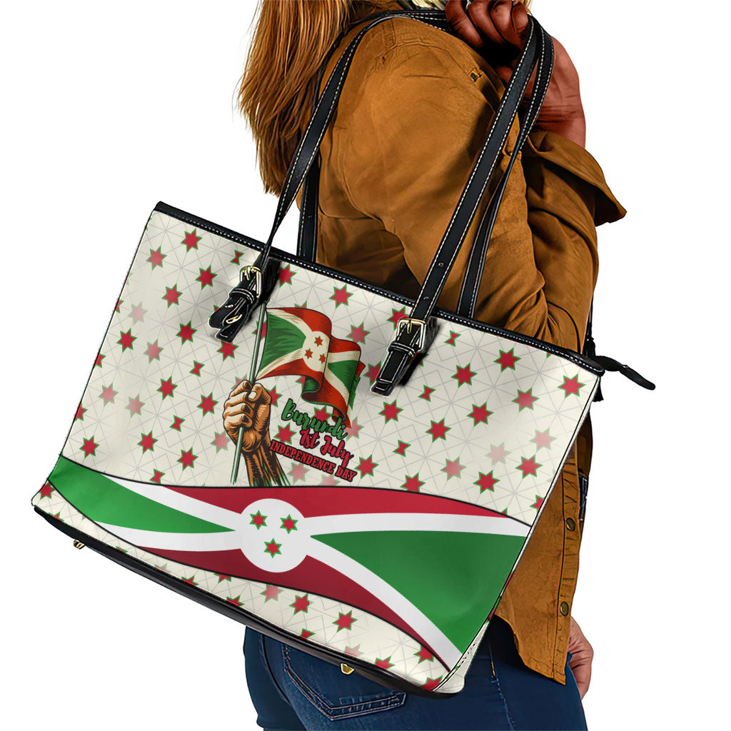 Burundi 1st July Independence Day Leather Tote Bag Patriotic Flag Portrait Art - Geometric Star Pattern