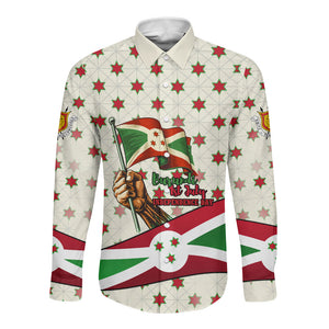 Burundi 1st July Independence Day Long Sleeve Button Shirt Patriotic Flag Portrait Art - Geometric Star Pattern