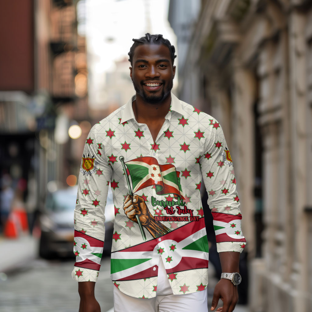 Burundi 1st July Independence Day Long Sleeve Button Shirt Patriotic Flag Portrait Art - Geometric Star Pattern