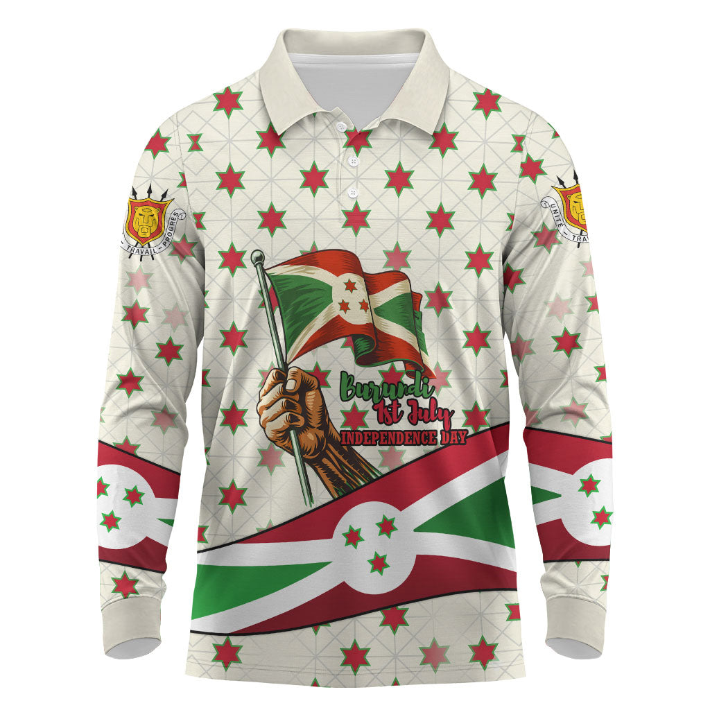 Burundi 1st July Independence Day Long Sleeve Polo Shirt Patriotic Flag Portrait Art - Geometric Star Pattern