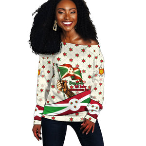 Burundi 1st July Independence Day Off Shoulder Sweater Patriotic Flag Portrait Art - Geometric Star Pattern