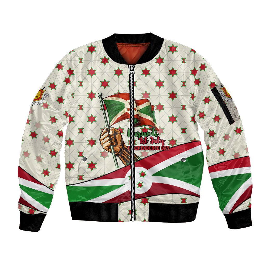 Burundi 1st July Independence Day Sleeve Zip Bomber Jacket Patriotic Flag Portrait Art - Geometric Star Pattern