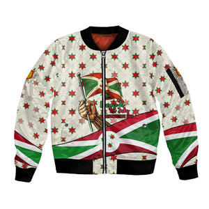 Burundi 1st July Independence Day Sleeve Zip Bomber Jacket Patriotic Flag Portrait Art - Geometric Star Pattern
