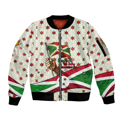 Burundi 1st July Independence Day Sleeve Zip Bomber Jacket Patriotic Flag Portrait Art - Geometric Star Pattern