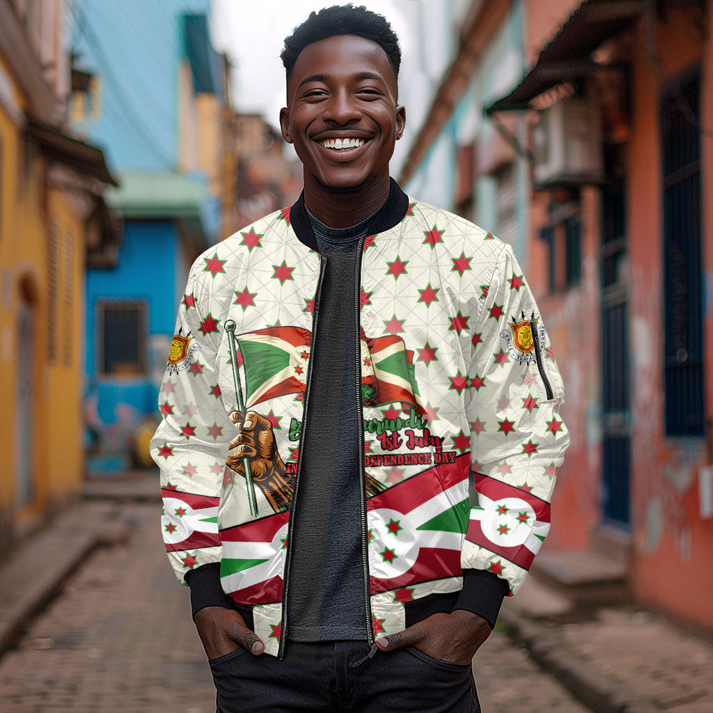 Burundi 1st July Independence Day Sleeve Zip Bomber Jacket Patriotic Flag Portrait Art - Geometric Star Pattern