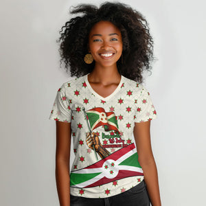 Burundi 1st July Independence Day Women V-Neck T-Shirt Patriotic Flag Portrait Art - Geometric Star Pattern