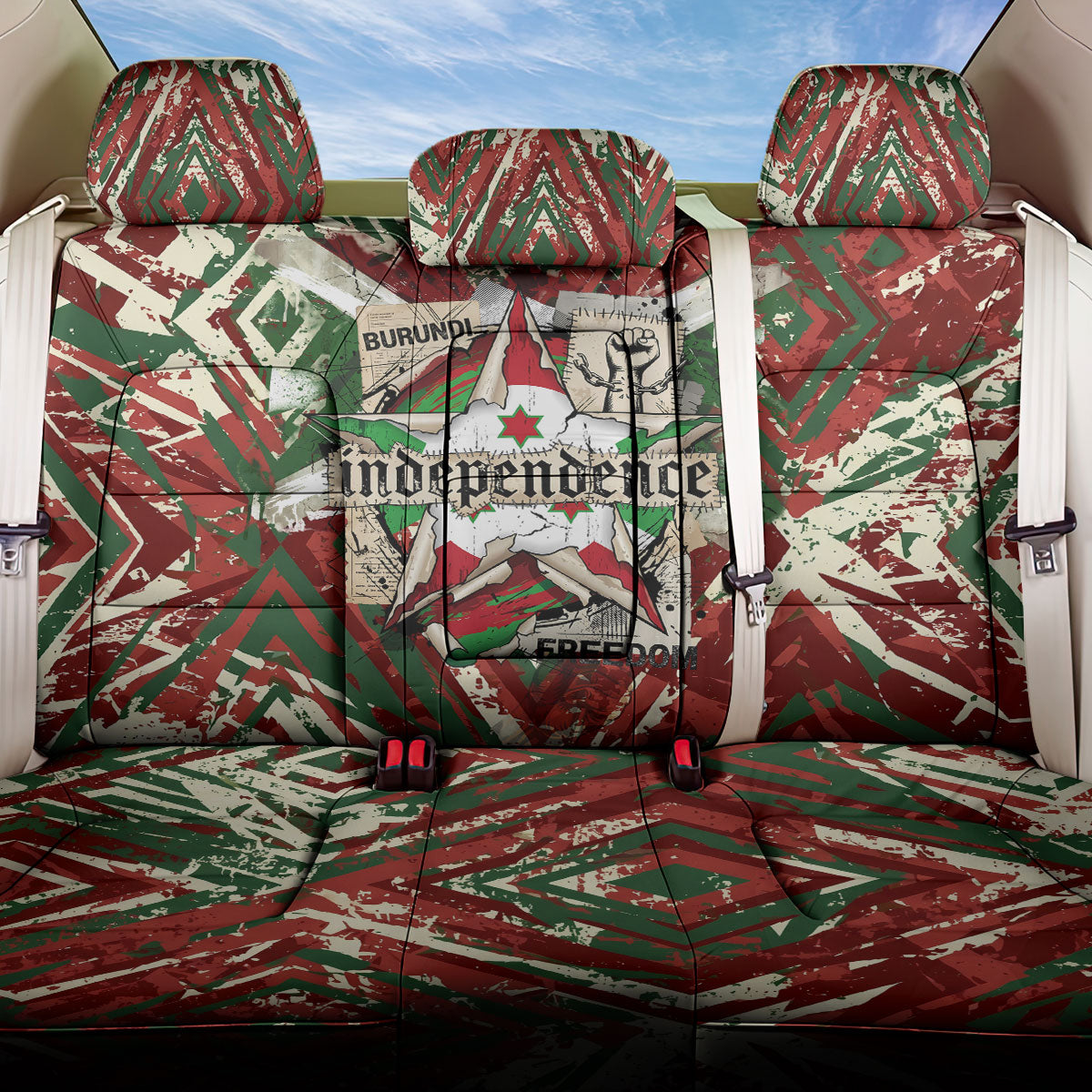 Burundi Independence Day Back Car Seat Cover 1st July 1962 Distressed Grunge Flag Art - Broken Chains And Freedom Star