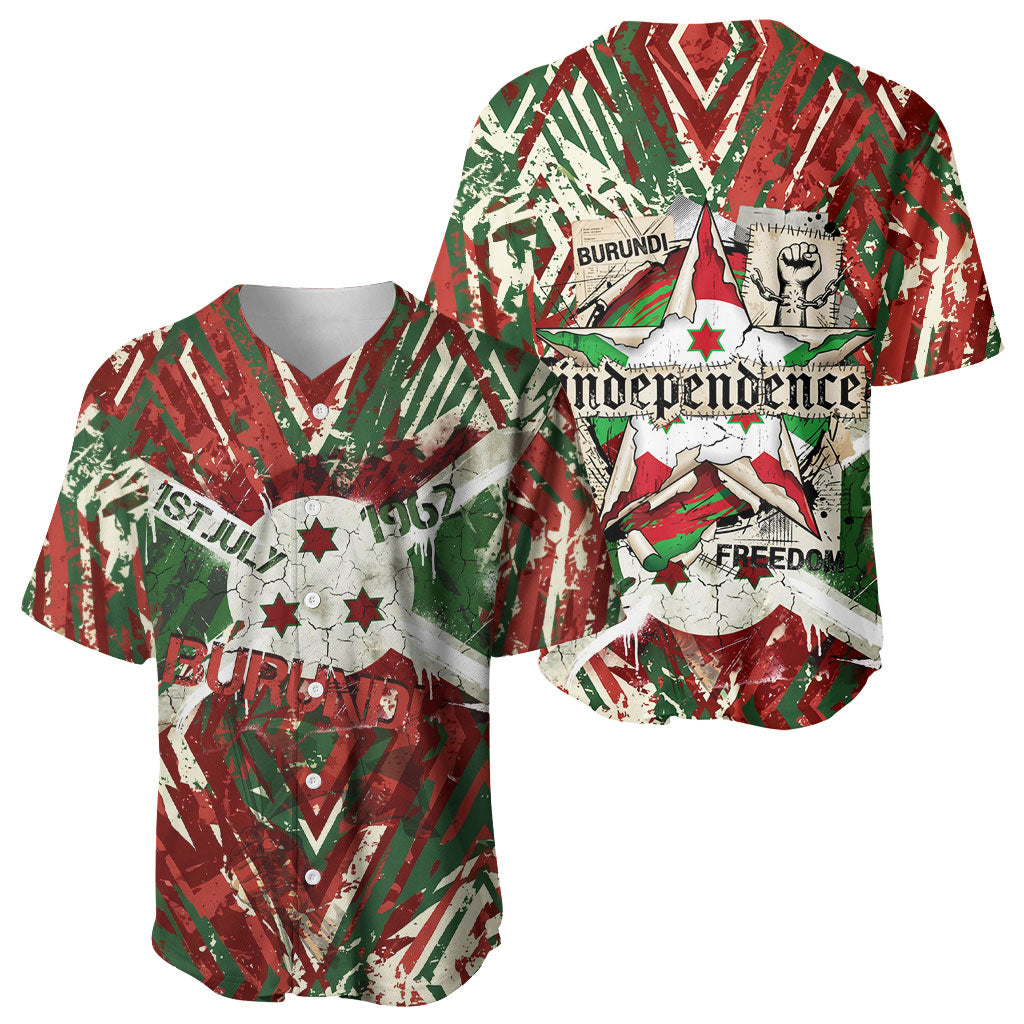 Burundi Independence Day Baseball Jersey 1st July 1962 Distressed Grunge Flag Art - Broken Chains And Freedom Star