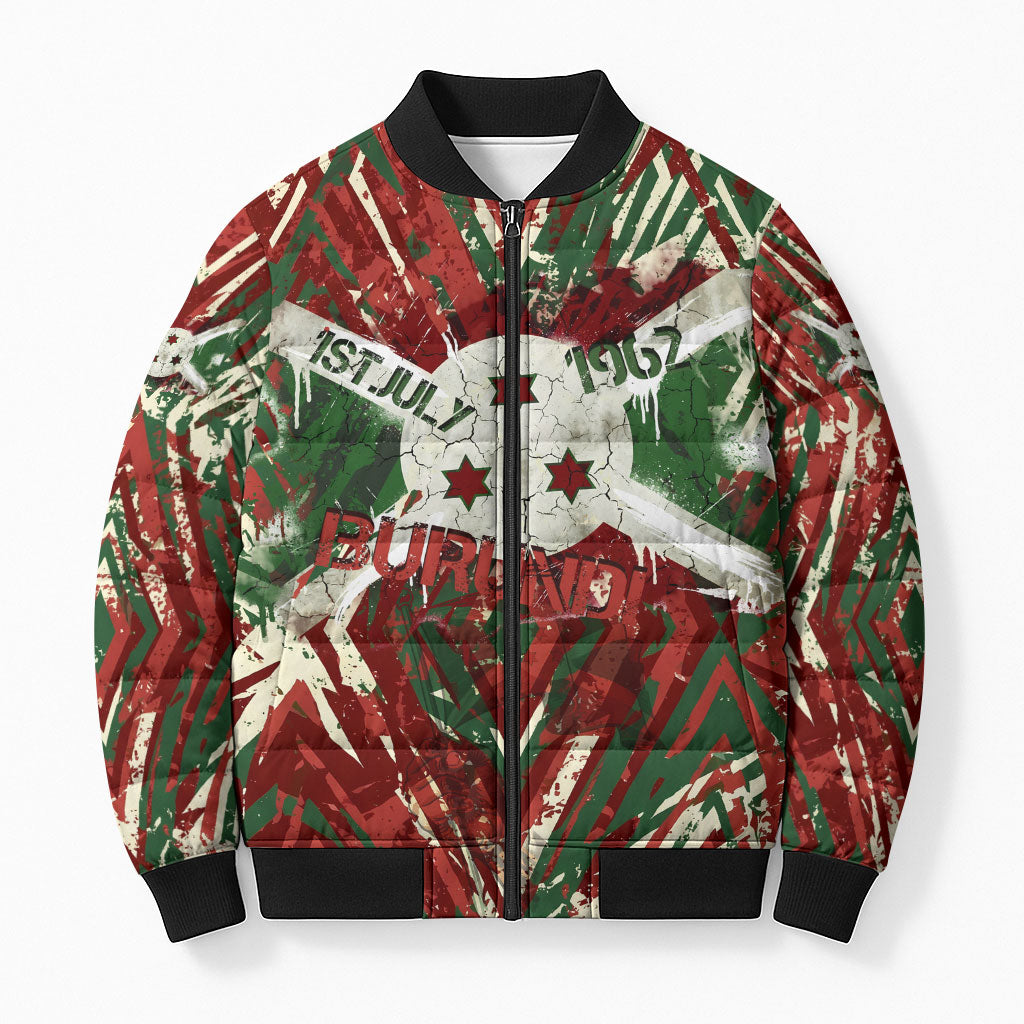 Burundi Independence Day Bomber Puffer Jacket 1st July 1962 Distressed Grunge Flag Art - Broken Chains And Freedom Star