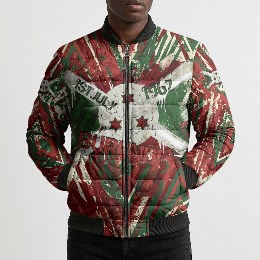 Burundi Independence Day Bomber Puffer Jacket 1st July 1962 Distressed Grunge Flag Art - Broken Chains And Freedom Star