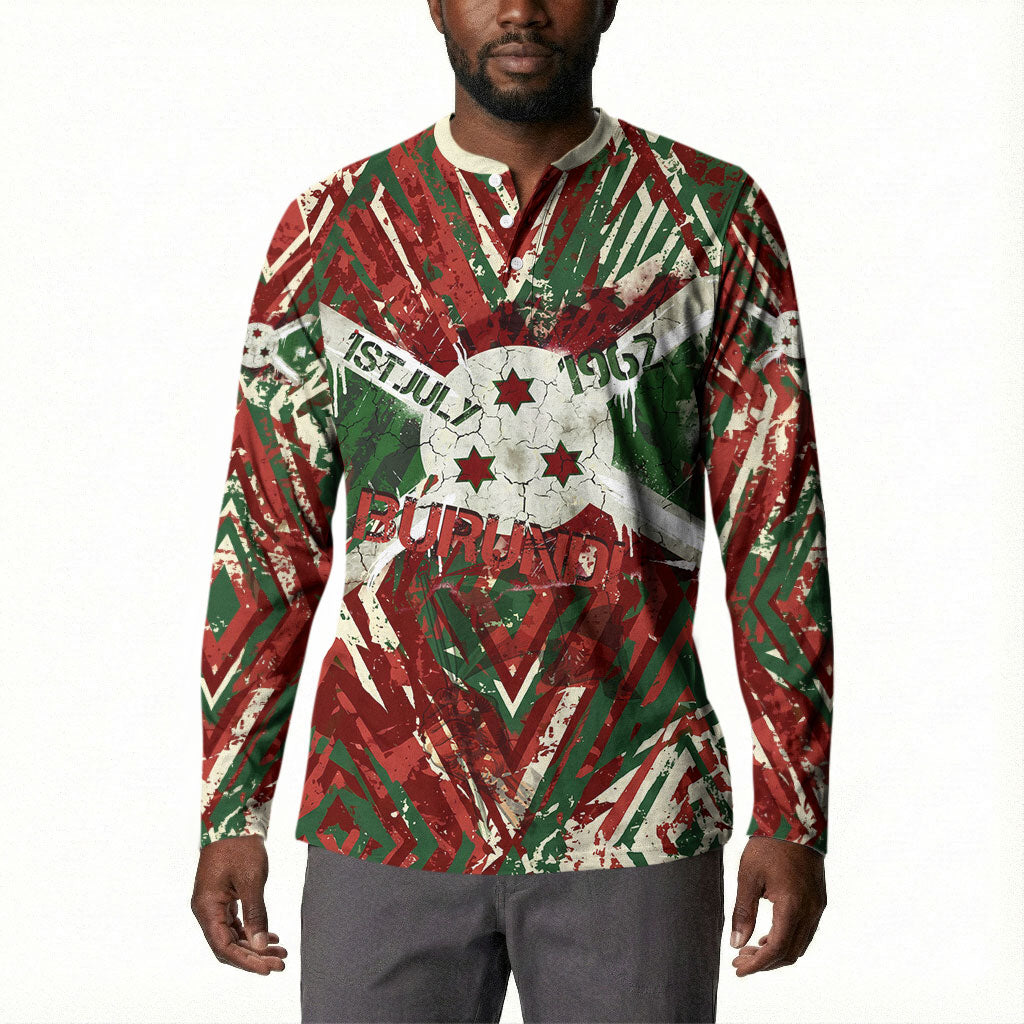 Burundi Independence Day Button Sweatshirt 1st July 1962 Distressed Grunge Flag Art - Broken Chains And Freedom Star