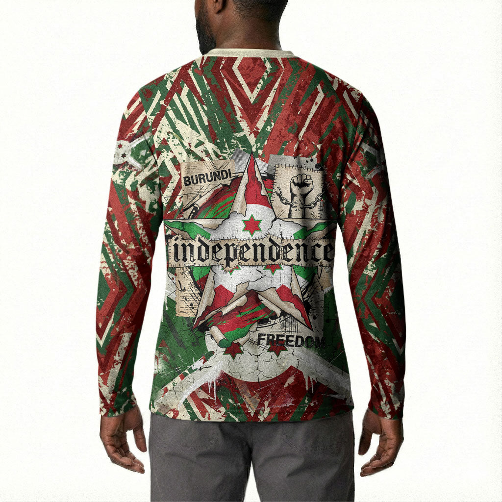 Burundi Independence Day Button Sweatshirt 1st July 1962 Distressed Grunge Flag Art - Broken Chains And Freedom Star