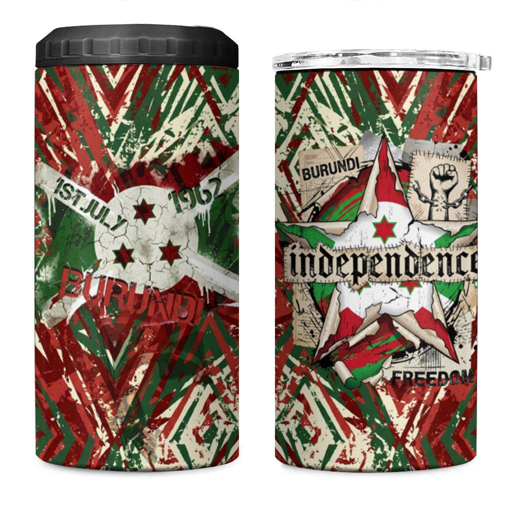 Burundi Independence Day 4 in 1 Can Cooler Tumbler 1st July 1962 Distressed Grunge Flag Art - Broken Chains And Freedom Star