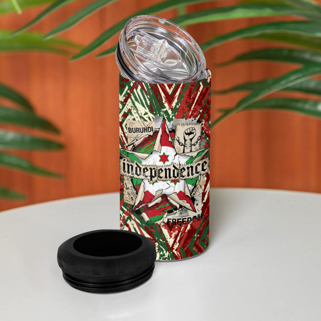 Burundi Independence Day 4 in 1 Can Cooler Tumbler 1st July 1962 Distressed Grunge Flag Art - Broken Chains And Freedom Star