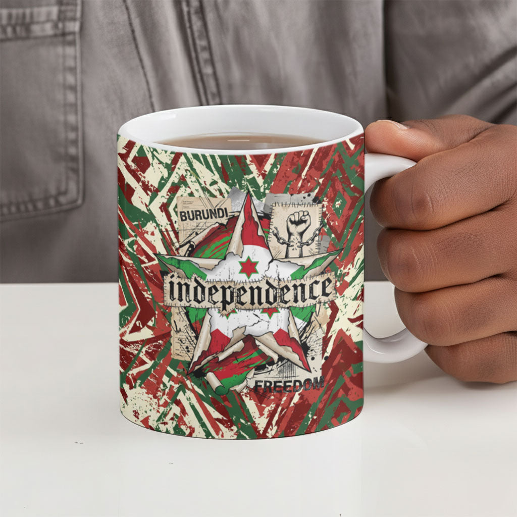 Burundi Independence Day Ceramic Mug 1st July 1962 Distressed Grunge Flag Art - Broken Chains And Freedom Star