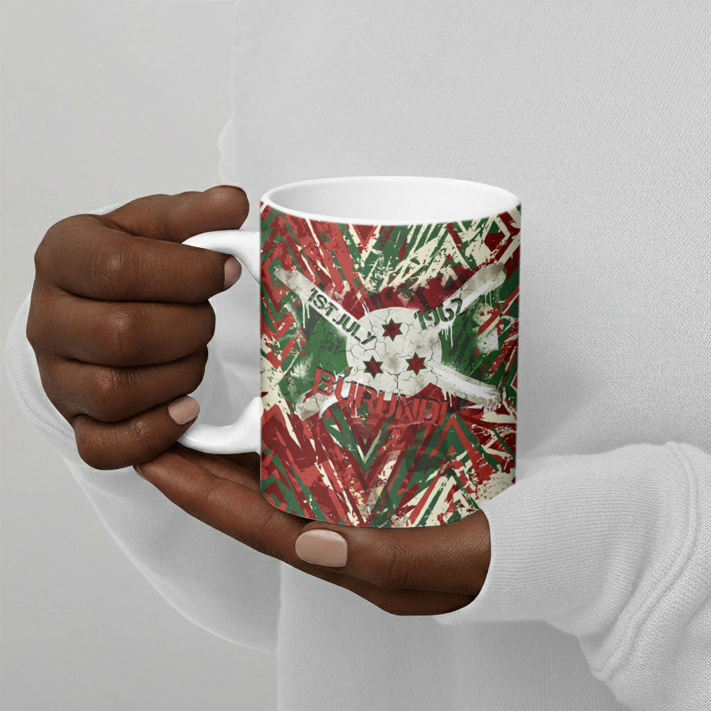 Burundi Independence Day Ceramic Mug 1st July 1962 Distressed Grunge Flag Art - Broken Chains And Freedom Star