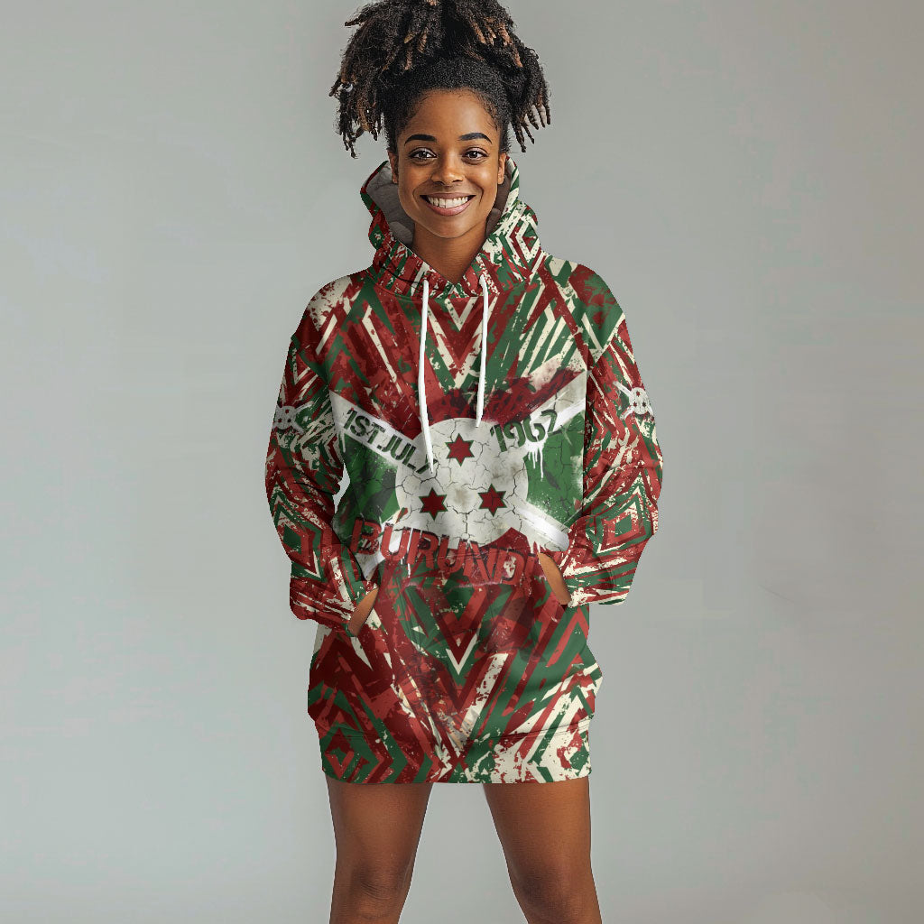 Burundi Independence Day Hoodie Dress 1st July 1962 Distressed Grunge Flag Art - Broken Chains And Freedom Star