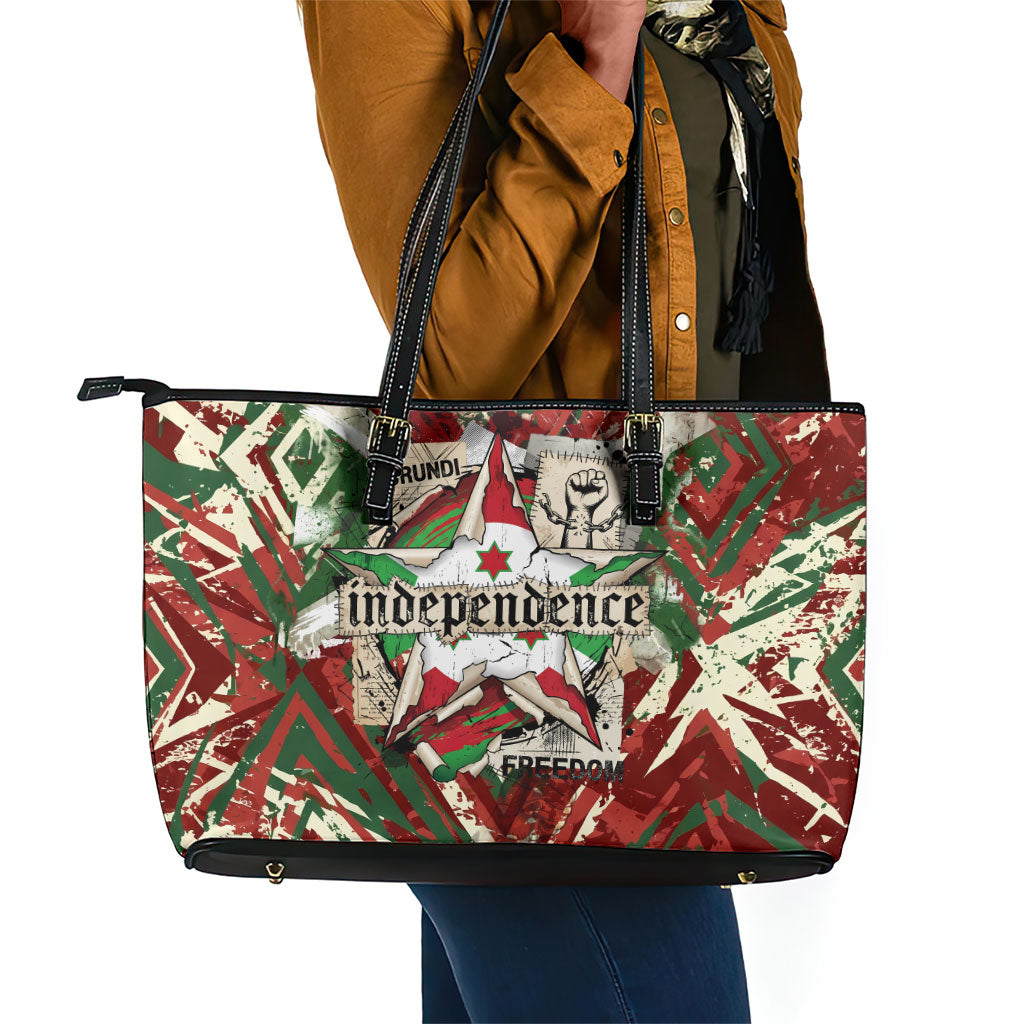Burundi Independence Day Leather Tote Bag 1st July 1962 Distressed Grunge Flag Art - Broken Chains And Freedom Star