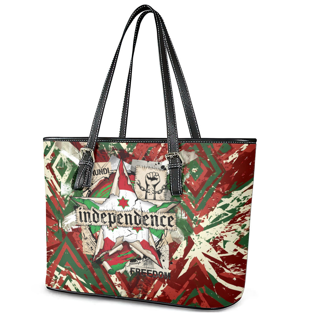 Burundi Independence Day Leather Tote Bag 1st July 1962 Distressed Grunge Flag Art - Broken Chains And Freedom Star