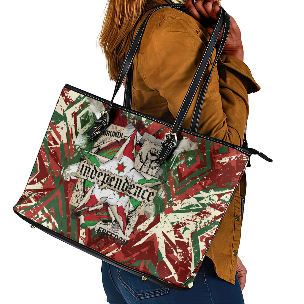 Burundi Independence Day Leather Tote Bag 1st July 1962 Distressed Grunge Flag Art - Broken Chains And Freedom Star