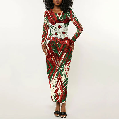 Burundi Independence Day Long Sleeve Bodycon Dress 1st July 1962 Distressed Grunge Flag Art - Broken Chains And Freedom Star